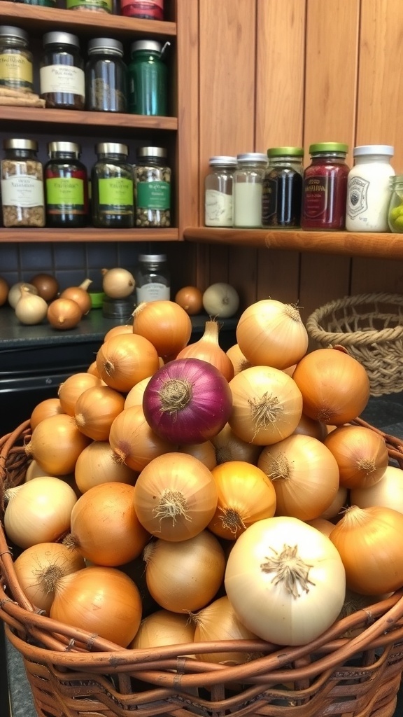 Effective Onion Storage Techniques A basket of assorted whole onions in a rustic kitchen setting.